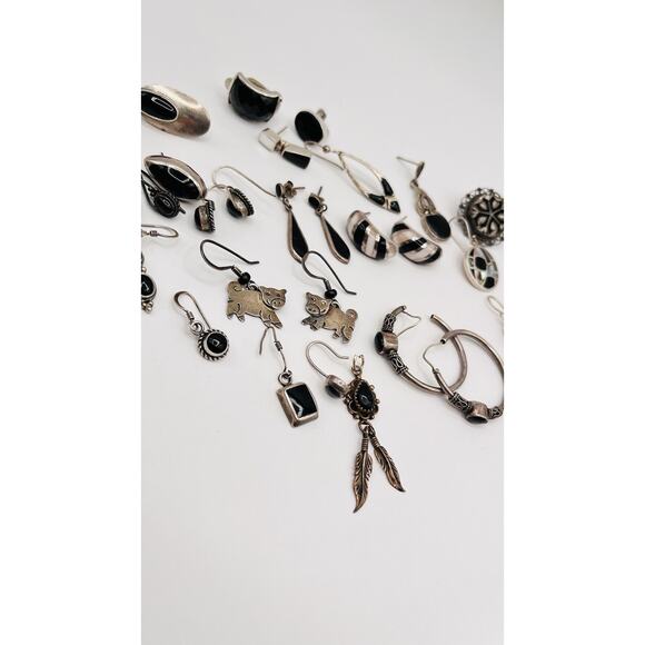 Lot Of Sterling Silver 925 Earrings Single/Pairs Black Onyx Silver SCRAP CRAFT - Picture 7 of 11